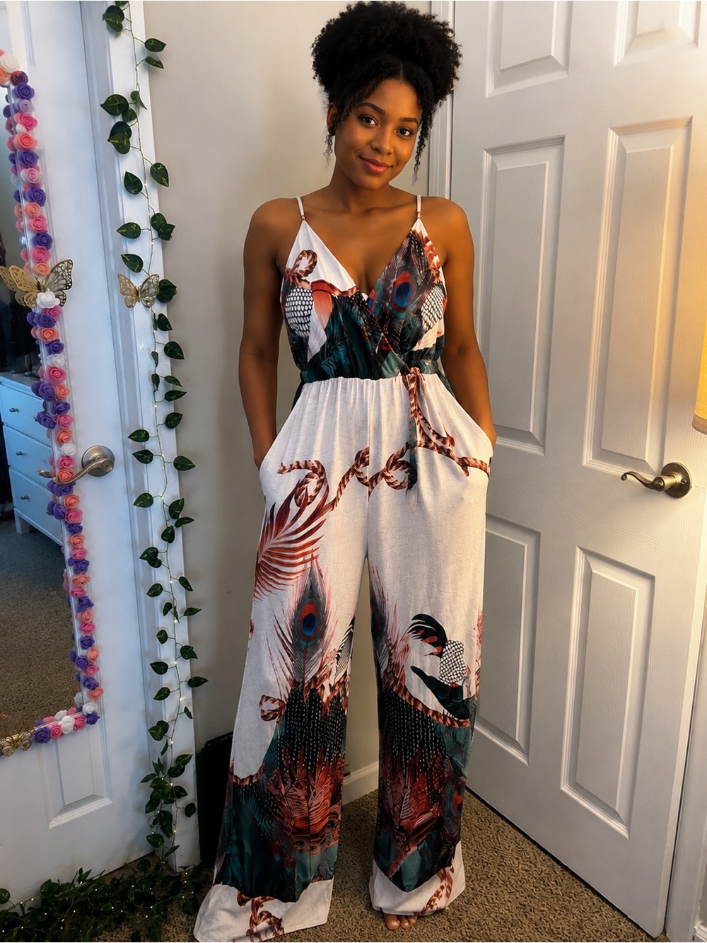 CBR White Jumpsuit with Teal & Rust Peacock Print